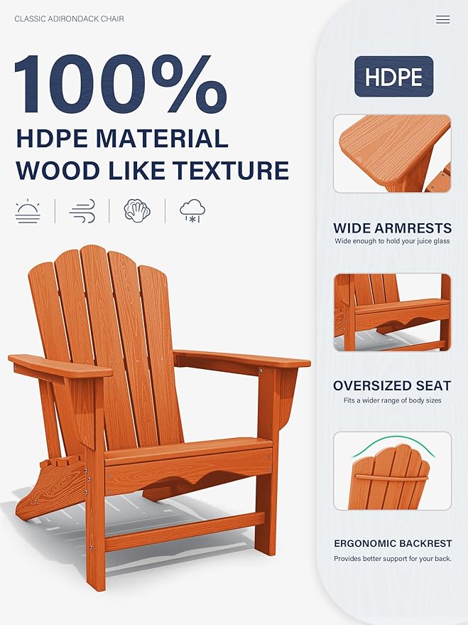 KINGYES HDPE Adirondack Chair Chair Set of 2, Classic All-Weather Adirondack Chair, Orange