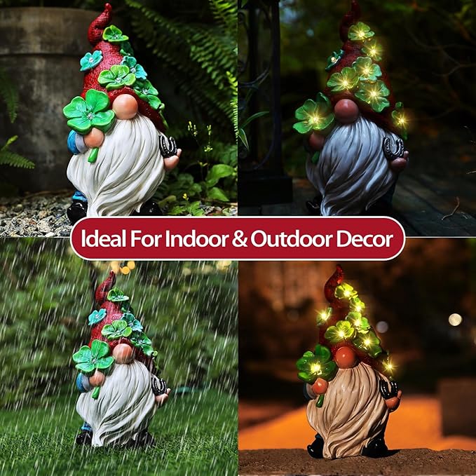 Garden Gnome Statue with Solar Lights Large Sculptures Funny Triple Gnome Outdoor Patio Lawn Yard Garden Decor Gifts for Women Mom 11in Spring Gnomes Outdoor