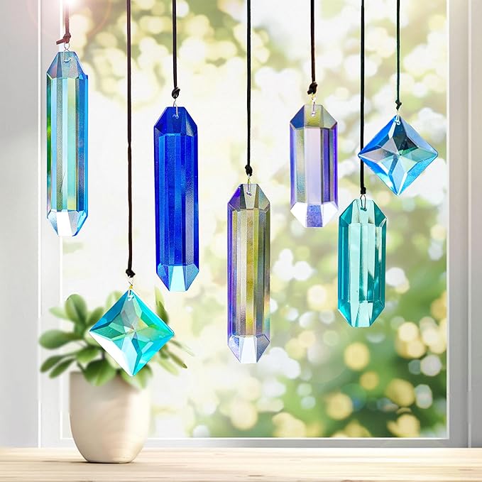 HDCRYSTALGIFTS Crystal Prisms Sun Catchers, 7PCS Blue Dreams Suncatcher Hanging Kit Rainbow Maker Pendant Ornaments for Indoor Window Outdoor Garden Christmas Tree Decor