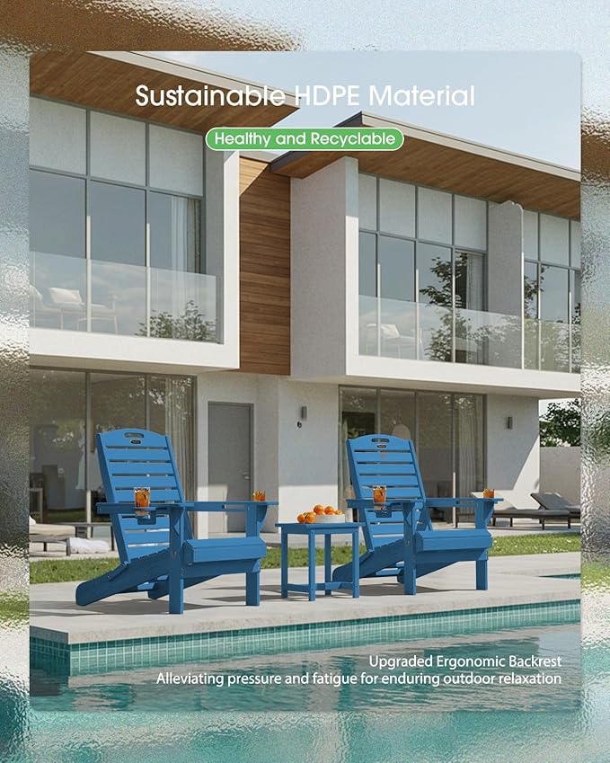 Folding Adirondack Chair HDPE All-Weather Adirondack Chairs with Cup Holder, Outdoor Fire Pit Chairs Lawn Chair for Deck Patio Garden (NavyBlue)