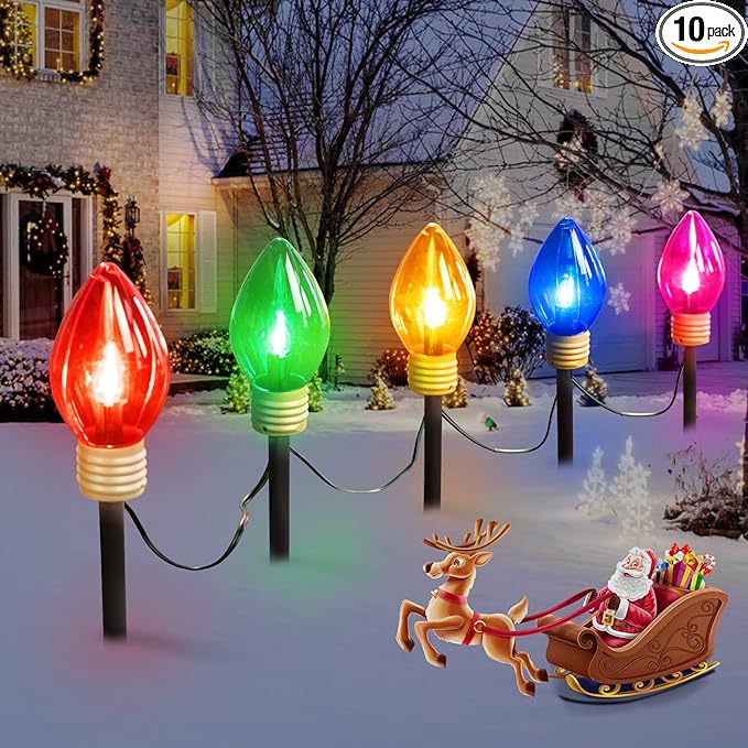 Jumbo C9 Christmas Pathway Lights Outdoor - 2 Pack Total 17 Feet 10 LED C9 Walkway Lights, Multicolor Jumbo Lights Christmas Bulb Lights Outdoor Decorations for Lawn Holiday Outside Yard Garden