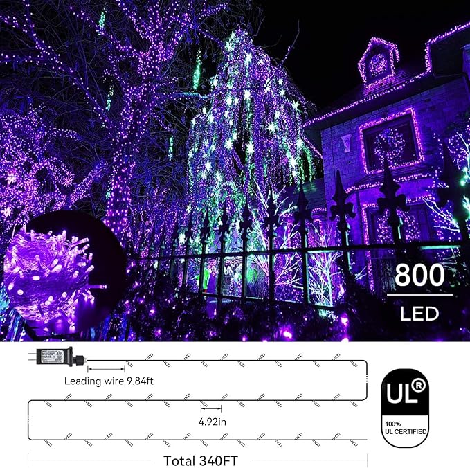 Purple Halloween Lights, 800LED 330FT Purple String Lights 8 Modes Timer Plug in Waterproof Indoor Outdoor Purple Christmas Lights for Halloween Christmas Garden Party Decoration