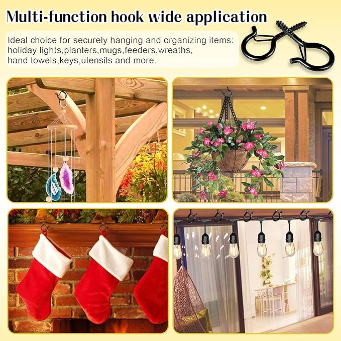 Hooks for Outdoor String Lights, 52 Pack Screw Hooks for Hanging Plants Led Party Lights Garage Wind Chimes, Black Heavy Duty Q Hanger Ceiling with Safety Buckle, Box and Wing Nut Driver