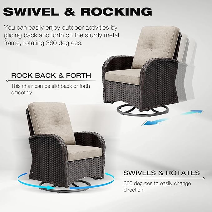 Joyside Outdoor Swivel Rocker Chairs, 3 Piece Wicker Patio Set with Thick Cushion and Side Table, Rattan Patio Swivel Rocking Chairs for Porch, Deck Use (Brown/Beige, 3 PCS)
