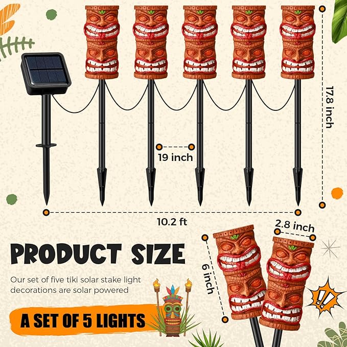 VIHOSE 5 Pcs Tiki Solar Light Decor Tiki Bar Statues Solar Power Light Stake Outdoor Hawaiian LED Decor for Luau Birthday Party Tropical Bar Garden Yard