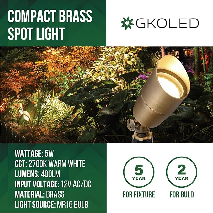 GKOLED Solid Brass Low Voltage Compact Spotlight, 12V AC/DC Waterproof Outdoor Landscape Spot Lights for House Trees Garden Yard Lawn, Up Light with 5W 2700K MR16 Bulb, Stake Included