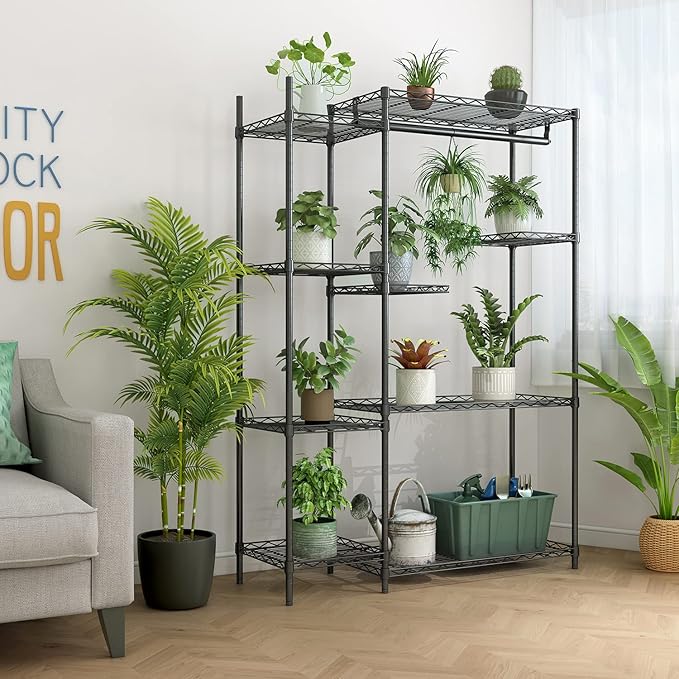 Xiofio Plant Stands for for Indoor Outdoor, Heavy Duty Metal Plant Stand,large Plant Shelf,Adjustable Plant Shelves With Hanging Rod for Living Room,Balcony,Garden,Black