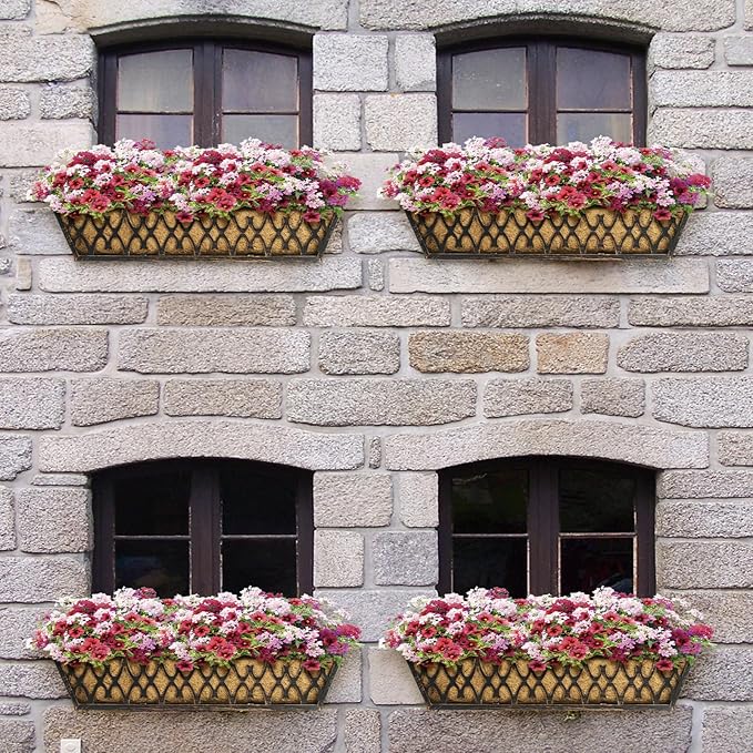 Window Boxes Planters: 2 Pack 24 Inch Railing Planter Box with Adjustable Brackets for Porch Fence Patio Balcony Hanging Flower Baskets with Coco Liners for Outdoor Garden Decor - Bronze