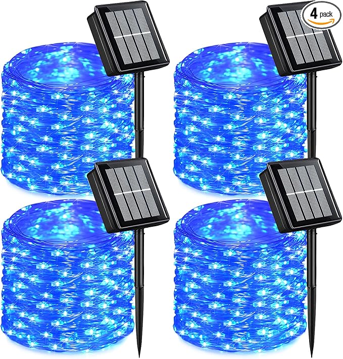 QITONG 4 Pack Solar Fairy Lights Blue, Each 33ft 100 LED String Lights Outdoor Waterproof, 8 Modes Blue Solar Lights for Outside Tree Garden Pool Wedding Party Christmas