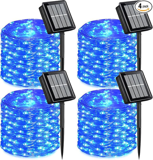 QITONG 4 Pack Solar Fairy Lights Blue, Each 33ft 100 LED String Lights Outdoor Waterproof, 8 Modes Blue Solar Lights for Outside Tree Garden Pool Wedding Party Christmas