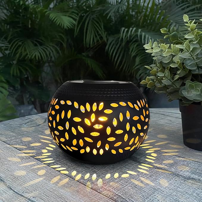 Solar Table Light Outdoor Waterproof- Solar Powered LED Lamp Hollowed-Out Black Metal Desktop Decorative Lantern for Indoor Desk Bedroom Patio Garden Pathway Yard