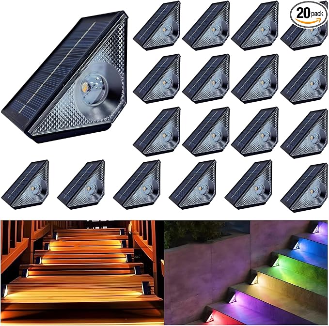 Solar Step Deck Lights Outdoor 20 Pack Solar Step Light, Waterproof Warm White/7 RGB Color Glow Solar Fence Lights for Yard, Patio, Garden, Walkways, Front Door, Pathway, Driveway