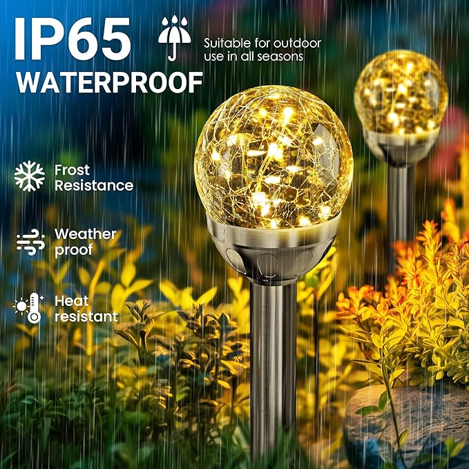 SOLPEX Solar Garden Lights String, 6 Pack Outdoor Christmas Decoration Warm White Solar Powered Cracked Glass Ball Lights, Waterproof for Patio Decoration