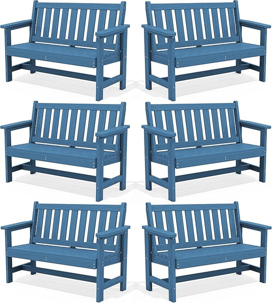 SERWALL Outdoor Bench, HDPE Outdoor Benches Weatherproof, 2-Person Garden Bench with 660 lbs Weight Capacity, Patio Benches for Outdoors, Garden, Porch, Backyard and Park, Navy, 6 Pack