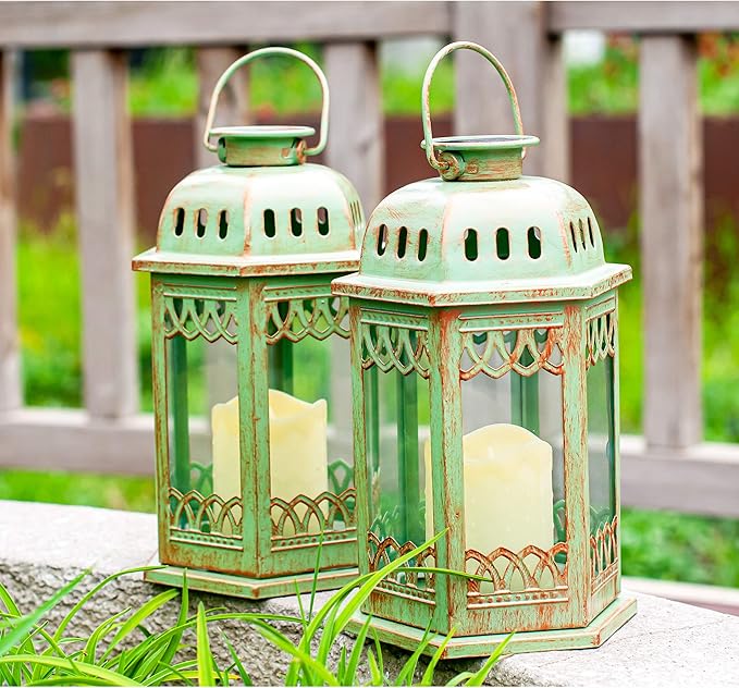 SteadyDoggie Solar Lanterns 2 Pack Green - Hanging Solar Lights with Flickering Candle LED - Retro Ornate Hanging Solar Lantern with Handle