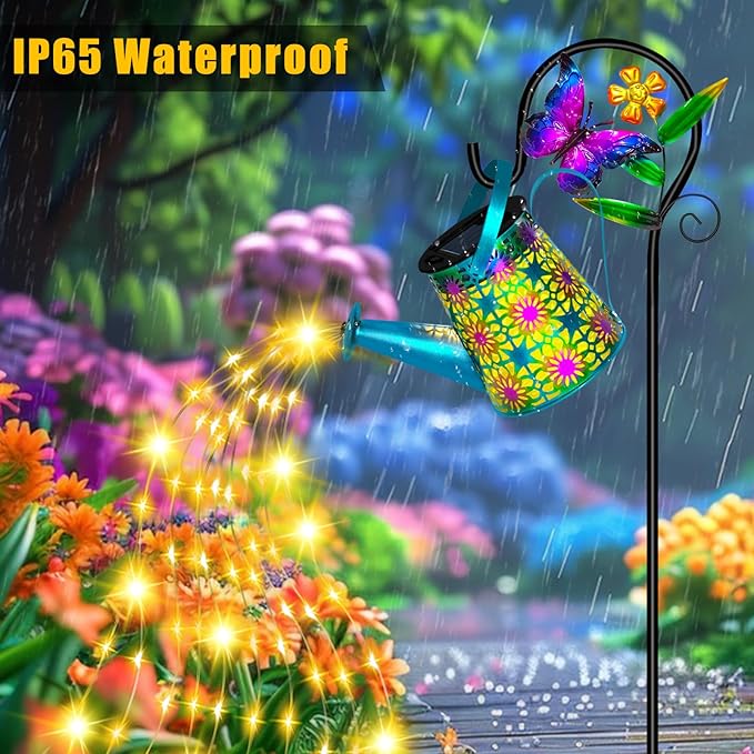 Solar Watering Can with Lights, Waterproof Solar Lantern with Butterfly Shepherd Hook, Hanging Garden Lights for Patio Yard Lawn Porch Outdoor Decoration, Unique Garden Gifts for Women