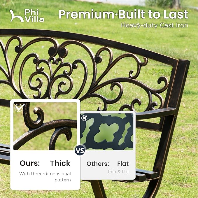 PHI VILLA 50Inch Cast Iron Steel Frame Garden Bench Patio Furniture Chair Outdoor Bench w/Floral Design Backrest, Slatted Seat for Park, Yard & Porch, Bronze