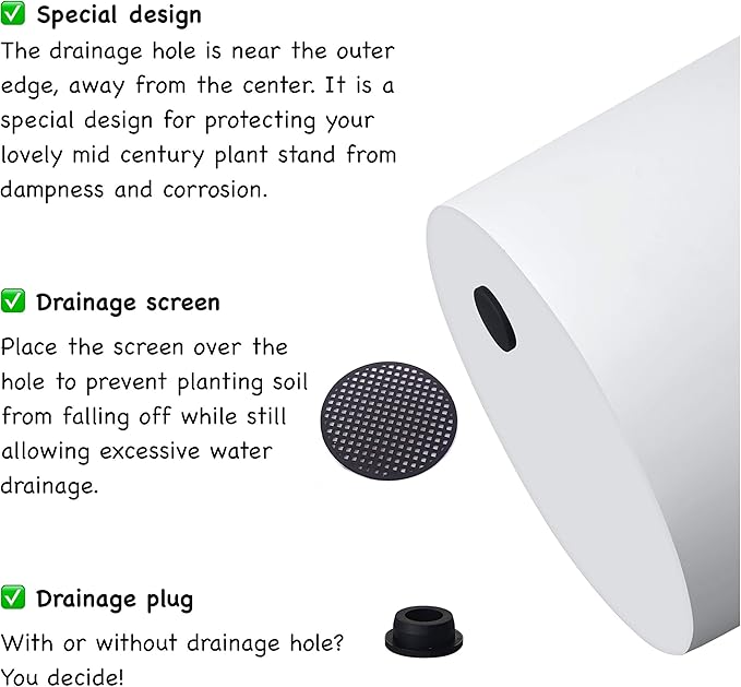 FaithLand Plant Pot 10 inch - Perfectly Fits Mid-Century Modern Plant Stand - Drainage Plug and Drainage Mesh Screen - Matte White Planter Pot - Upgraded