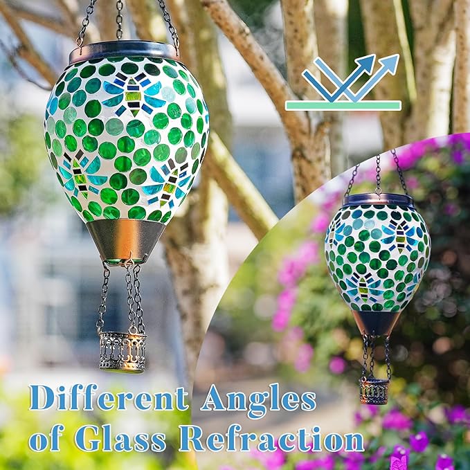 Bee Solar Hot Air Balloon Lantern Outdoor Waterproof, Green Mosaic Glass Hanging Solar Lantern Lights, Outdoor Hanging Lights for Patio Yard Garden Gift for Mom Grandma Women
