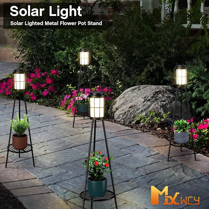 2 Pack Solar Lights Outdoor with Plant Stands - Solar Floor Lamp & Street Lights with Metal Tripod - Patio Decor for Garden, Yard, Pathway, Driveway, Porch