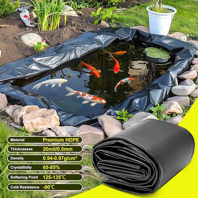 20 x 30 FT Pond Liner, 20 Mil Pond Liners for Outdoor Ponds, HDPE Pond Liner Easy Cutting Puncture Resistant, Pond Liners for Water Garden Fountain Waterfall, Koi Fish Aquaculture Pond