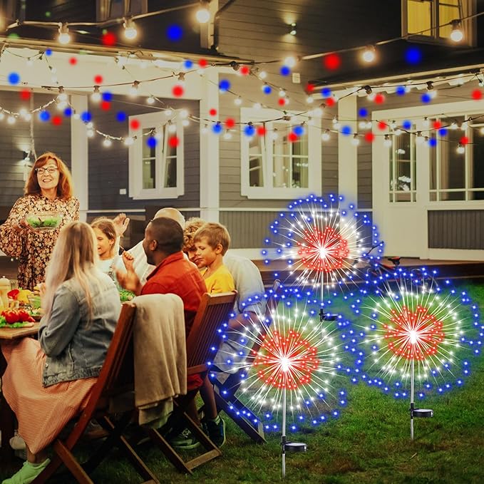 4th of July Decorations Outdoor 4 Pack Solar Power Yard Firework Lights Patriotic Garden Waterproof Solar Lights with 180 LED 8 Modes for Independence Day Party Decoration(Red, White, Blue)