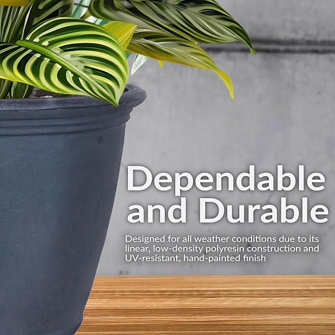 Sunnydaze 24-Inch Anjelica Large Plastic Pot for Plants - Outdoor Polyresin Round Planter with Drillable Drainage Holes - Slate - 2pk