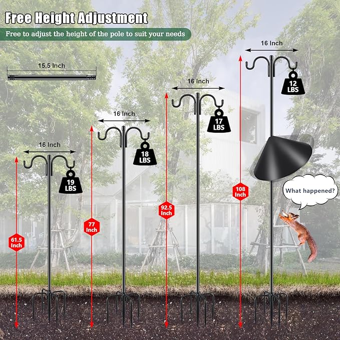 Gtongoko Bird Feeder Pole Squirrel Proof, 108 Inch Double Shepherds Hook for Outdoor with Squirrel Baffles Adjustable Heavy Duty with 5 Prongs Base for Hanging Plants, Bird Feeders, Black