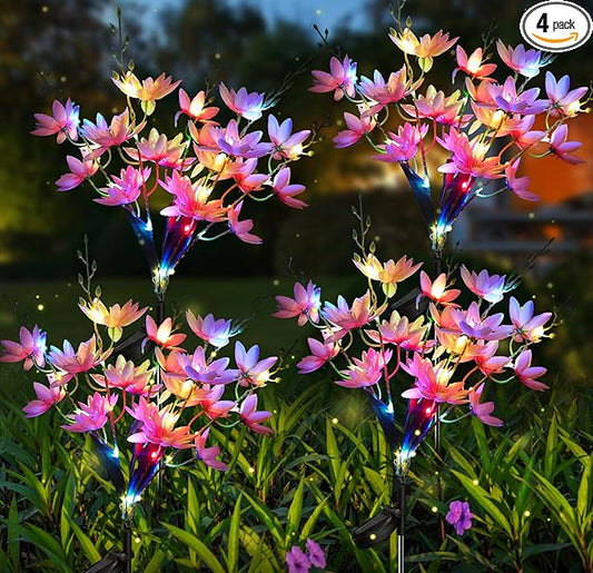 Neporal Solar Flowers Outdoor Waterproof IP65, 5-Head Snow Lotus with 20+ Flowers, 4-Color Light & 2 Lighting Modes, Decorative Solar Lights Outdoor Garden, Yard, Pathway, Flower Bed (4-Pack, Pink)