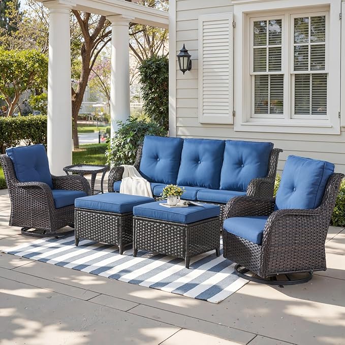 Outdoor Wicker Patio Furniture Set - 6 Piece Rattan Patio Conversation Set with 2 Rocking Swivel Chairs,2 Ottomans,1 Sofa and 1 Side Table for Porch Deck Backyard Garden(Brown/Blue)