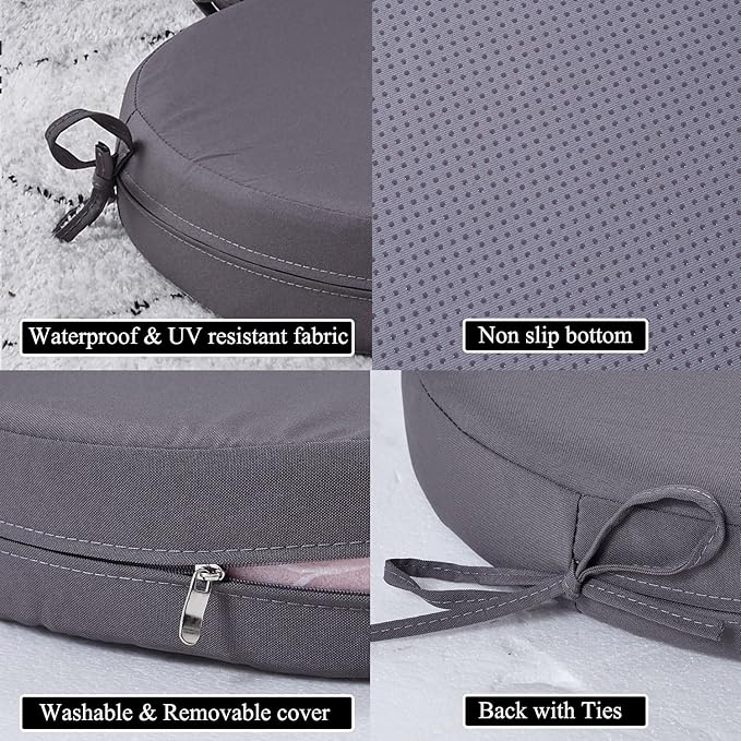 15 x 15 Inch Round Cushions for Outdoor Furniture Non-Slip Waterproof Patio Bistro Chair Cushion with Ties Bar Stool Seat Cushion for Kitchen Chairs Set of 4, Dark Gray