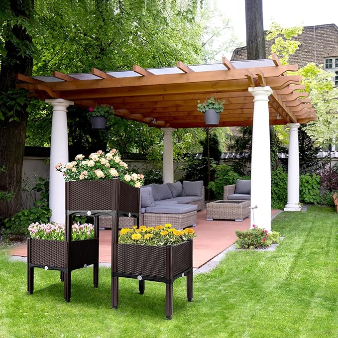 MAYOLIAH Raised Garden Bed with Drainage Elevated Planter Box Plastic Raised Beds for Gardening Vegetables Herb Flowers, Perfect for Indoor Outdoor Planting, 3 Boxes Brown