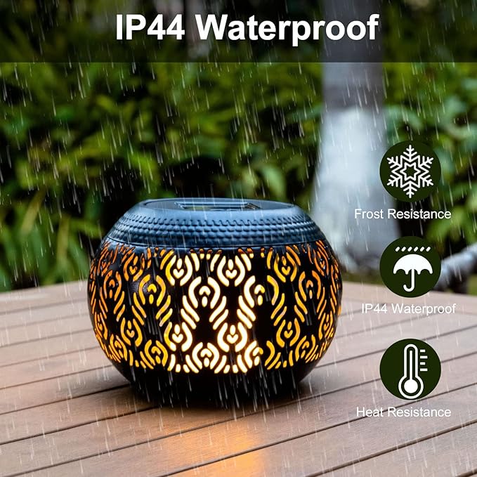 Solar Table Light Outdoor Waterproof - Solar Powered LED Lamp Dancing Flickering Flame,Hollowed-Out Black Peacock Feather Metal Desktop Decorative Lantern for Desk Patio Garden Pathway Yard