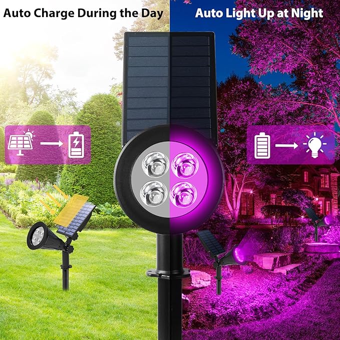 T-SUN Solar Spotlights, 4 LED Solar Waterproof Outdoor Landscape Lights, Auto-on/Auto-Off by Day, 180 Angle Adjustable for Tree, Patio, Yard, Garden, Driveway, Stairs, Pool Area(Purple-1Pack)