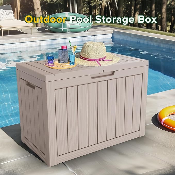 45 Gallon Patio Storage Box - Waterproof Deck Box for Outdoor Toys, Space-Saving Resin Chest with Lock for Cushions & Pool Gear, UV-Resistant, Ash Grey
