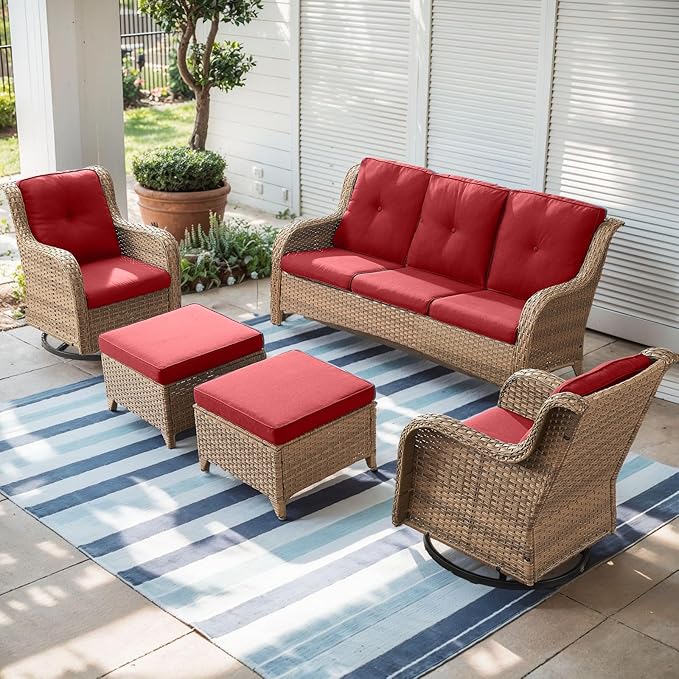 Outdoor Wicker Patio Furniture Set - 5 Piece Rattan Patio Conversation Set with 2 Rocking Swivel Chairs,2 Ottomans and 1 Sofa for Porch Deck Backyard Garden(Yellow/Red)