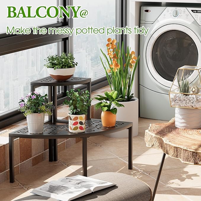 aboxoo 2 Tier Plant Stand Flower Pot Rack for Patio,Metal Stair-Step Style Corner Shelf Planters,Hevay Duty Plant Stand,Quarter Round Display Holder for Indoor Outdoor Use(Black)