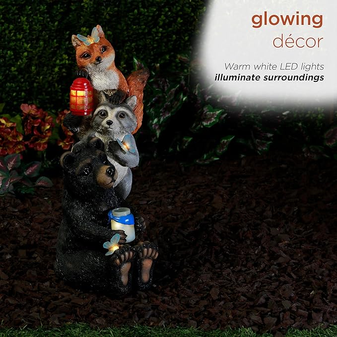 Alpine Corporation 19" Tall Outdoor Solar Powered Animal Friends Statue with LED Lights, Multicolor