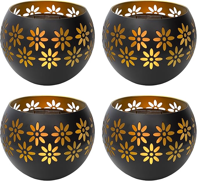 5.4” 4-Pack Decorative Metal Solar Patio Light with Flickering Flame, Waterproof Dusk-to-Dawn Garden Lantern, Matte Black