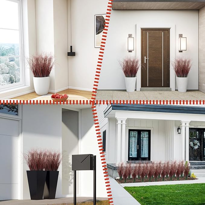 36Pcs Artificial Grass Plants, Faux Shrubs Wheat Grass, Artificial Tall Grasses Fake Plants for Outdoor Decor,Artificial Greenery Stems Weed for Room Indoor Home Decor（Red）