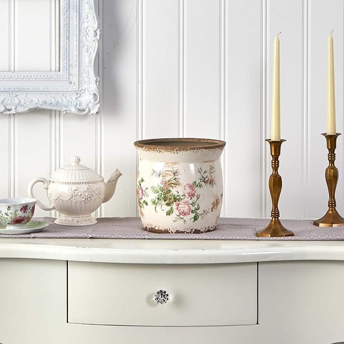 Nearly Natural 8in. Tuscan Ceramic Floral Print Planter