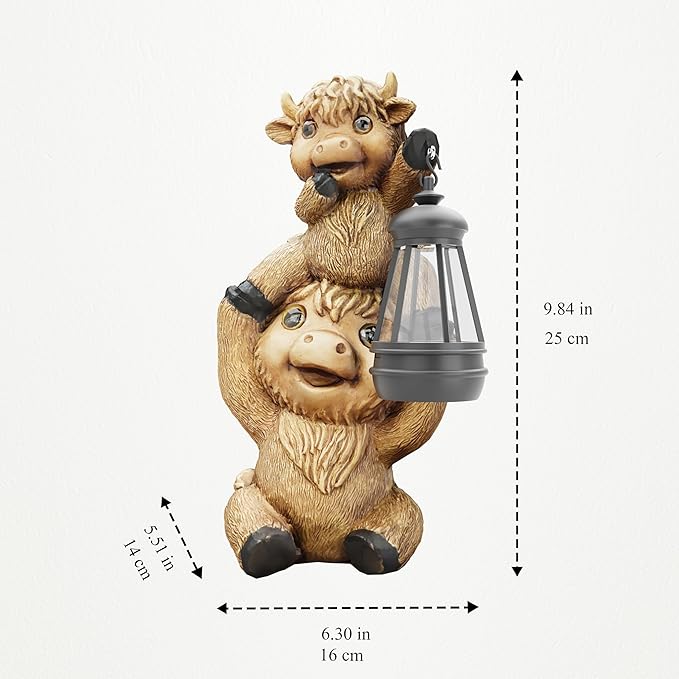 Highland Cow Statues with Solar Lights, Highland Cow Resin Figurine Lights, Highland Cow Ornaments for Patio, Balcony, Indoor Decoration and as Gifts