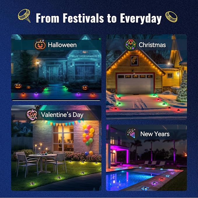 Solar Driveway Lights Outdoor 4 Pack, RGB Colors Solar Deck Dock Lights Outdoor Waterproof IP68, 3 Dynamic Light Modes, Driveway Marker for Warning Stair, Boat Dock, Step, Walkway, Patio Decor