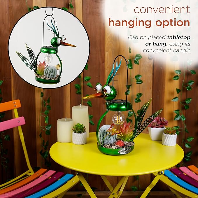 Alpine Corporation LYT292SLR-HH Solar-Powered Metal Heron w/Garden Enclosed LED Light Decor, Solar Patio Decor, 16''H, Green