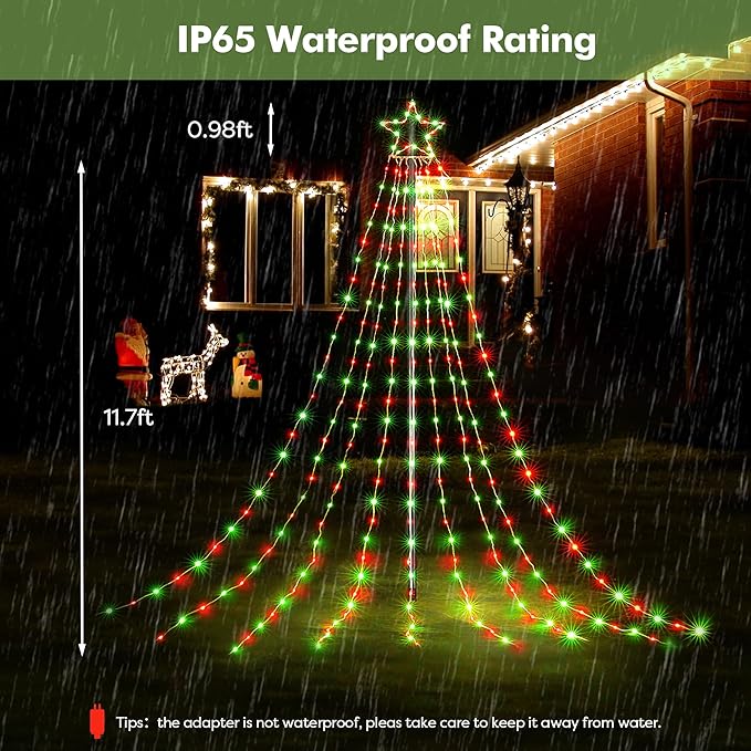 BlcTec Outdoor Christmas Decorations, 352 LED Christmas Star Lights with 9 Strands 11.7ft Waterfall Christmas Tree Lights, 8 Modes, Waterproof, Timer for Yard Patio Xmas Décor, Flowing Red and Green