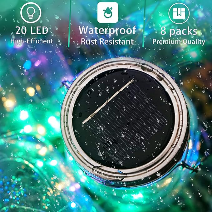 SunKite Solar Mason Jar Lights [Updated], 8 Pack 20 LED Waterproof Fairy Firefly Jar Lids String Lights with Hangers(NO Jars), Patio Yard Garden Wedding Decoration - Colorful