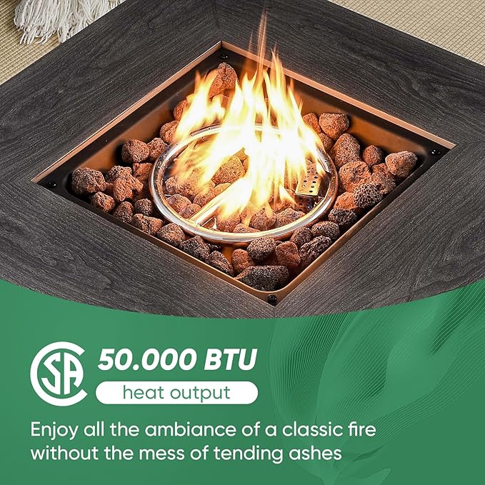 Outdoor Patio Furniture Set with Propane Fire Pit Table, 7 Pieces Wicker Patio Conversation Set with 2 Swivel Glider Rocker Chair Rattan Sofa Grey Cushion Perfect for Casual Gathering