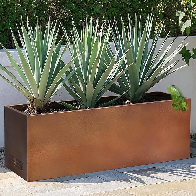 Worth Garden Metal Planter Box - 30" L x 11" W x 13" H Matte Bronze Heavy Duty Large Rectangular Steel Modern Plant Pot, Indoor Outdoor - Insert Plate with Drain Holes, Air Vents, No Assembly Required