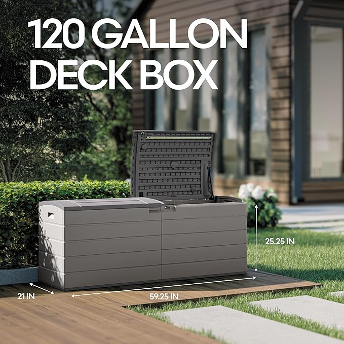 Suncast 120-Gal. All-Weather Patio Deck Box with Pad-Lockable Split Top Lid, Extra-Large Outdoor Storage Unit for Patio Furniture and Grill Tools, Made in the USA