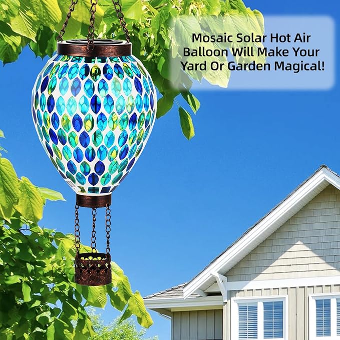 VOREEN Hot Air Balloon Solar Lantern, Mosaic Solar Outdoor Hanging Wind Light, Waterproof, Patio Festive Decor, Easter Gifts for Mom Father Grandma, Blue